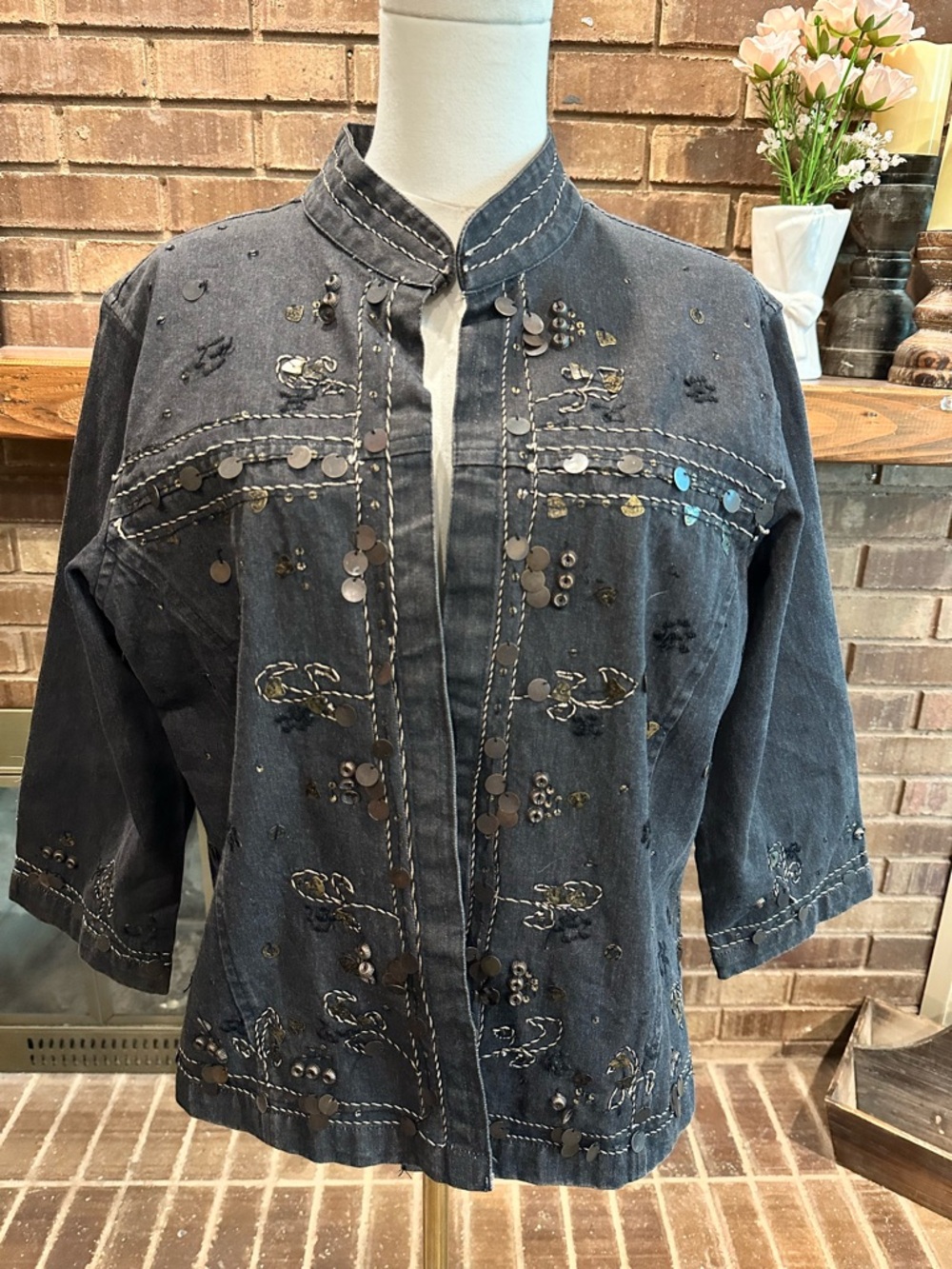 Coldwater Creek Sequined Floral Embroidered Black Denim Jacket L